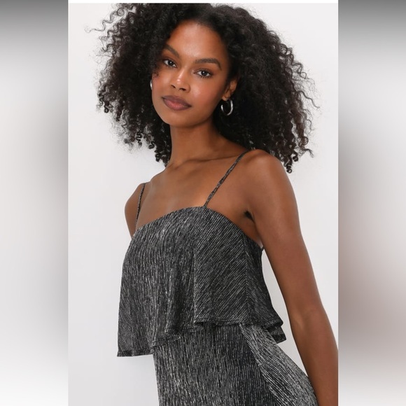 Lulus Elegant Shimmer Shiny Black and Silver Plisse Maxi Dress - Picture 2 of 13